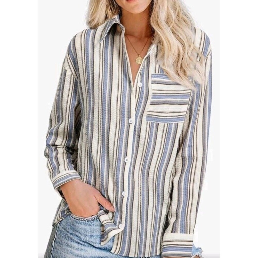 Striped Button-Down Shirt - Blue & Cream